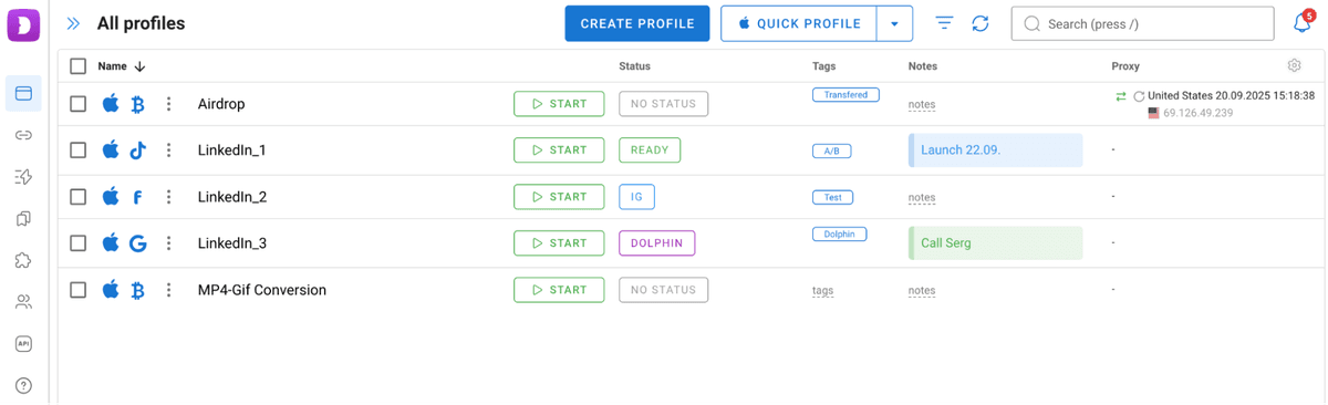 Dolphin Anty Profile Management Dashboard Interface Dolphin Anty profile management dashboard - Complete overview of browser profiles with customizable columns, tags, and quick actions for multi-account management