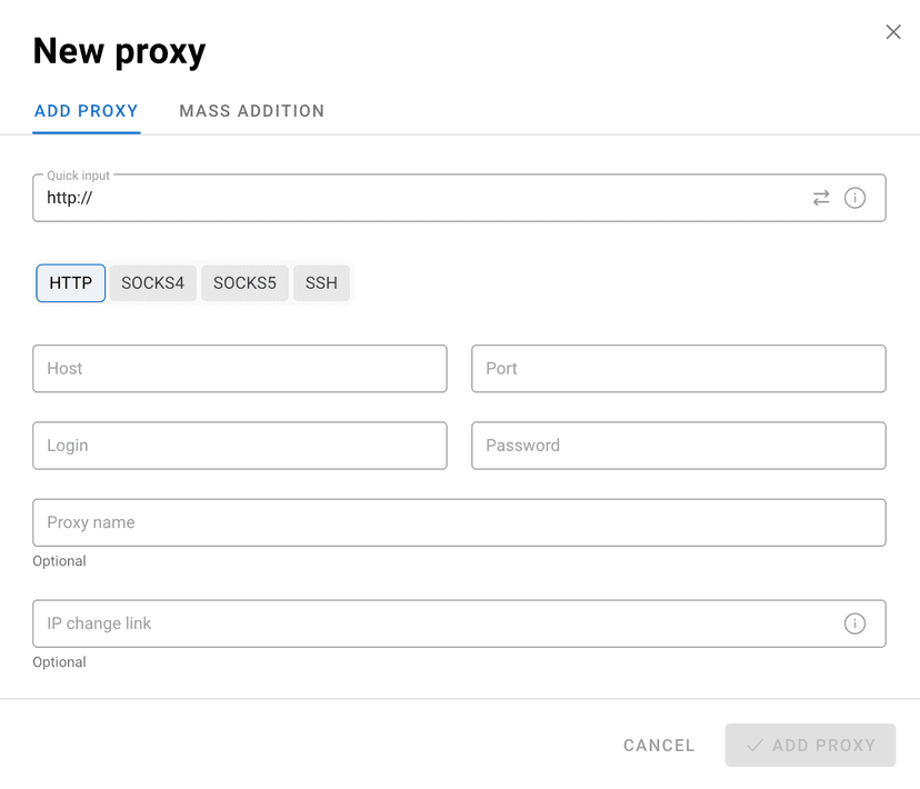 Dolphin Anty Proxy Card Interface Dolphin Anty proxy card display - Shows proxy status, geo location and connection details